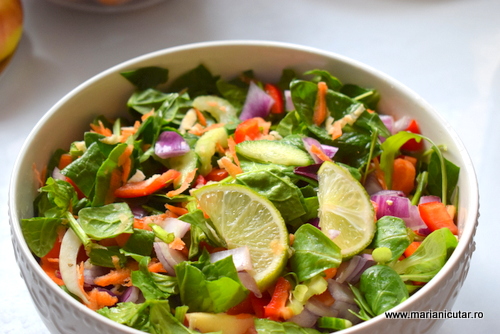 salata curcubeu: salata verde, ceapa rosie, castraveti, kapia, rosii, limete, ulei de masline